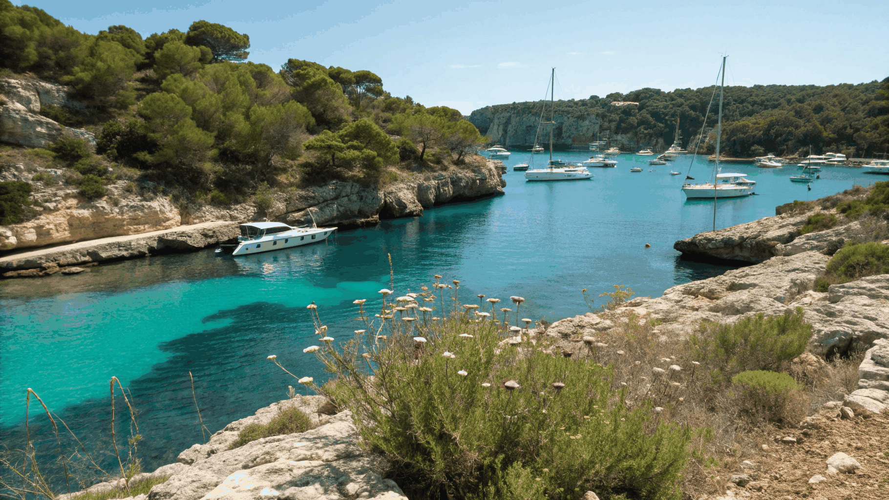 Panorama de côte méditerranéenne ensoleillée et branches d'olivier